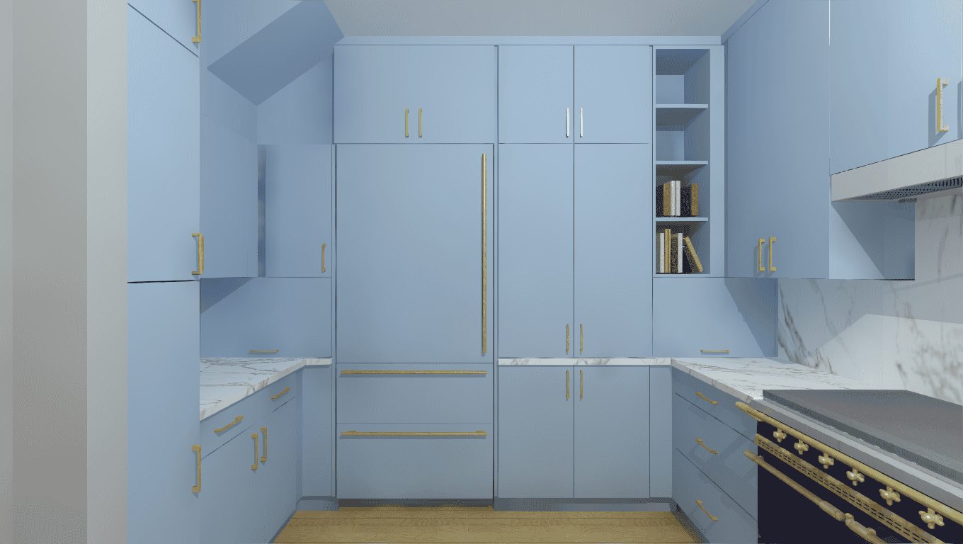 3D rendering of light blue kitchen cabinets and an open bookshelf